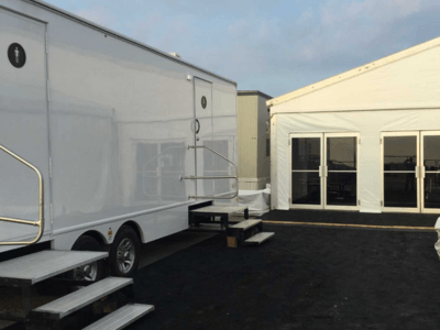 Restroom trailer from Texas Outhouse at a job site